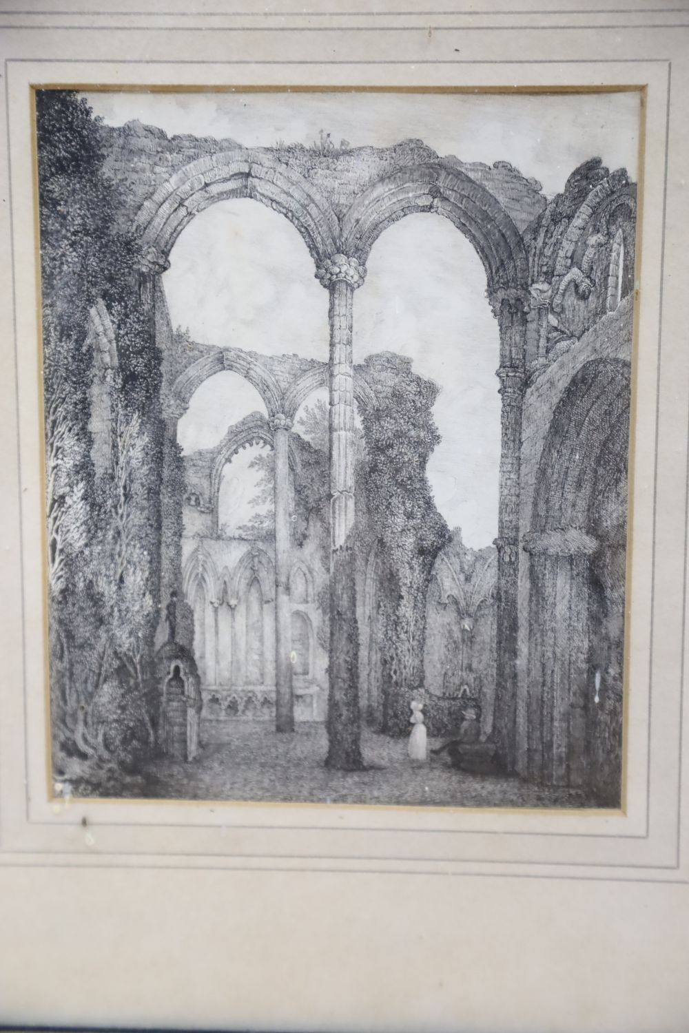 Attributed to Edward Price (1800-1885), pencil drawing, Abbey Ruins, 18 x 15cm, a Victorian watercolour of Convolvulus flowers and two